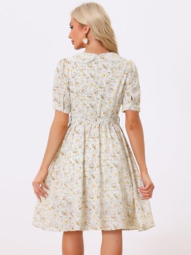 Image of Allegra K Women's Vintage Peter Pan Collar High Waist Flowy Midi Puff Sleeve Floral Dress