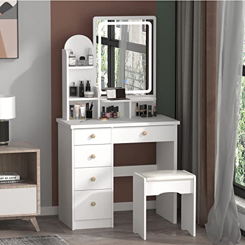Hitow 31.5'' Makeup Vanity Set With Drawer And Shelf, Wood Dressing Table With Lighted Screen Mirror, Girls Makeup Vanity Table With Jewelry Organizer For Bedroom, White #TOP1