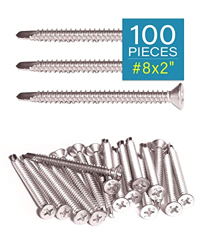 Image of IMScrews #8 x 2 Inch Self Drilling Screws 410 Stainless Steel Flat Head Phillips Drive Full Thread Sheet Metal Tek Screws for Wood to Metal 100 Pack