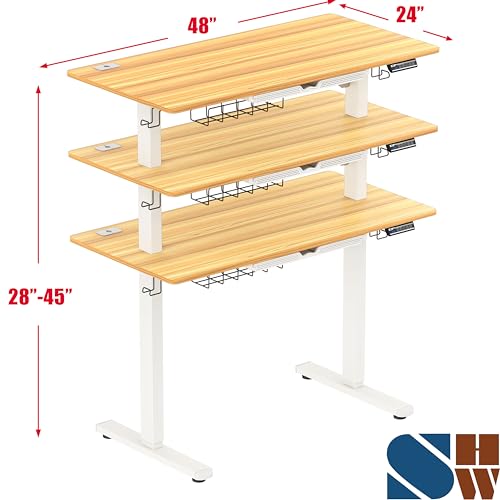 Image of SHW 48-Inch Electric Height Adjustable Standing Desk with Drawer, Memory Preset and Cable Management Tray, Oak