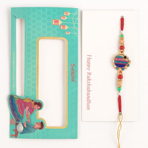 Image of King Kalai Rakhi for Brother with Coaster, Kumkum & Chawal | Traditional Beaded Thread Rakhi with Royal Kalai Thread | Raksha Bandhan Gift Hamper
