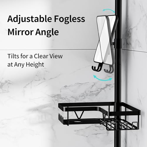 Image of KEGII Shower Caddy Tension Pole - Adjustable Rustproof Corner Bathroom Organizer with Fogless Shower Mirror, 25-114.2 Inch No-Drill Bathroom Storage, Black
