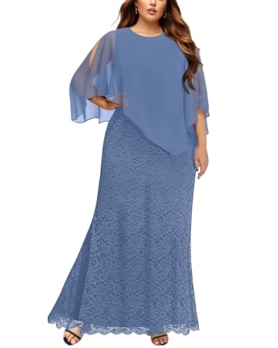 Image of Women's Plus Size Cape Dress with Chiffon Overlay Gown Formal Evening Lace Long Mermaid Dresses 2024