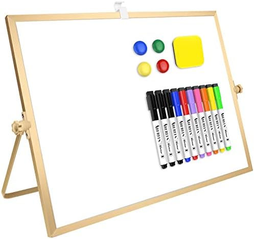 Dry Erase Board, 16 x 12 inches White Board, Gold Large Magnetic Desktop Double-Sided Whiteboard with Stand, 10 Markers, 1 Eraser, 4 Magnets, Portable Whiteboard Easel for School Office Home