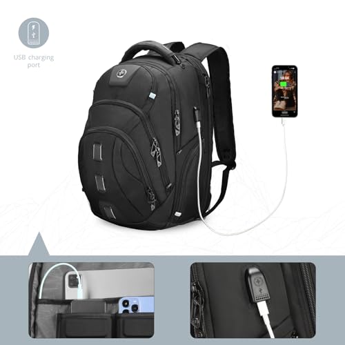 Swissdigital Design Men's Travel Laptop Backpack, Large Capacity TSA Friendly USB Charging RFID Protection Backpack for College and Business, Fits 17" Laptops Black | PIXEL PRO3