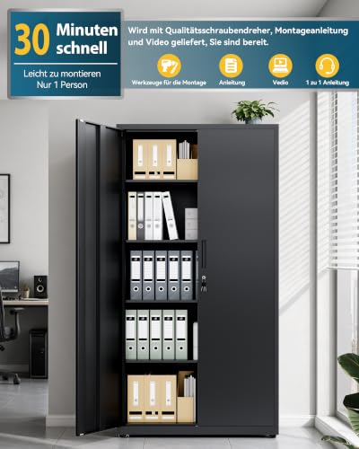 Aktenschrank, Mehrzweckschrank, Stahl-Aufbewahrungsschrank, 5 Ebenen Büroschrank, Werkstattschrank, 180 x 80 x 40 cm, Schwarz – Ansicht 3
