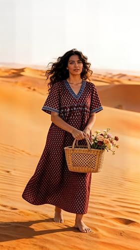 Image of Evolove Cotton Nighty Maxi for Women with Side Pocket | Floral Print Round Neck Short Sleeves Full Length Night Wear Gown