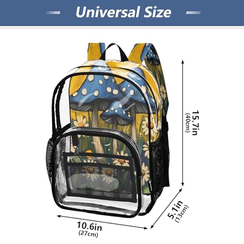 Mushrooms and Wildflowers Clear Backpack - Stadium Approved Large 15.7-inch Waterproof Transparent Bag for Sports, Concerts, Work, Travel#4124