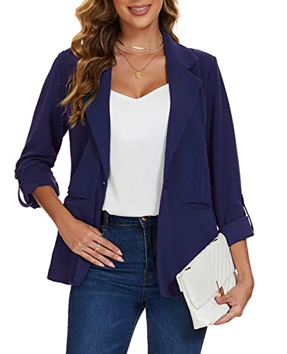 MINTLIMIT Womens Casual Blazers Button Front 3/4 Roll-up Sleeve Notched Lapel Business Work Blazer Jacket with Pockets4
