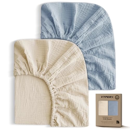 Image of VYPERX Soft Muslin Crib Sheets | 28" x 52", 100% Muslin Cotton Fitted Baby Crib Sheet Fit for Standard Crib Mattresses or Toddler Bed Mattress, Neutral Boho Color for Boys or Girl, 2 Pack Cream