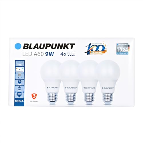 Blaupunkt LED E27 – Classic A60 – 8,5 W – odpowiada żarówce 60 W – 900 lumenów – 4000 K naturalna biel – lampa energooszczędna/klasa energetyczna A+ – oszczędność kosztów – 4 sztuki