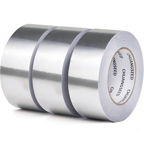 CHUANGSEED 3 Roll Aluminum Foil tape 50mm x 50m Heat Resistant High Temperature Foil tape for Duct Repair, HVAC Use, Foamboard,Metal Repair, sliver alu metal tape