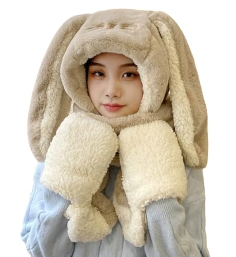 Image of Women Cute Rabbit Ear Plush Beanie Cap Outdoor Fluffy Bunny Hat Scarf Set Indoor Warm Thick Fleece Animal Hoodie