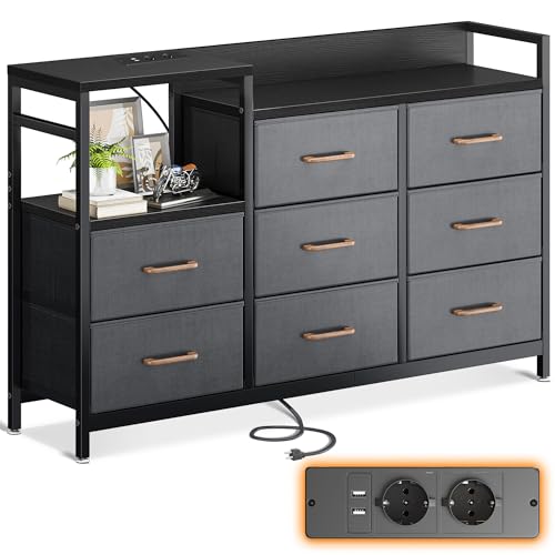 ODK Kommode mit Schubladen, 2 USB & 2 AC-Anschlüssen, 8 Schubladen aus Stoff - Geeignet für Multifunktionaler Schubladenschrank für Schlafzimmer und Wohnzimmer, 132 * 30 * 88 cm, Dunkelgrau