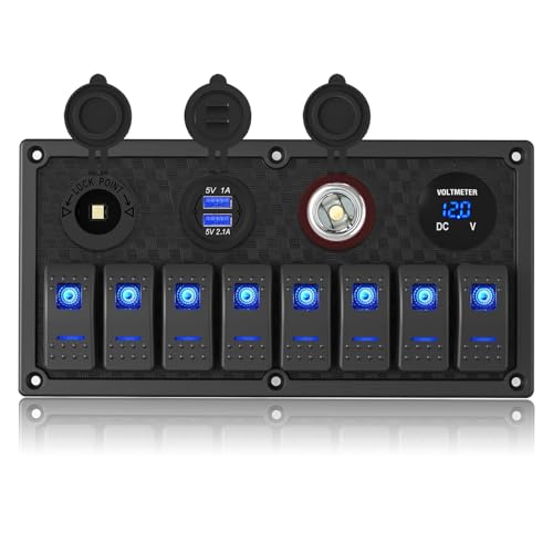 GGTA 8 Gang Marine Boat Switch Panel Waterproof,12V-24volt On-Off Rocker Switch Panel with 3.1A Dual USB Charger, Blue LED Light,15A Fuse Panel for Boat,Also Suitable for Car RV UTV Truck