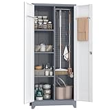 NICEGDLT Broom Closet,65' Broom Closet Storage Cabinets with Lockable Door,Utility Tool Storage Cabinet with Pegboard,Cleaning Supply Storage Cabinet with Shelves for Home,Garage,Room,Gray White