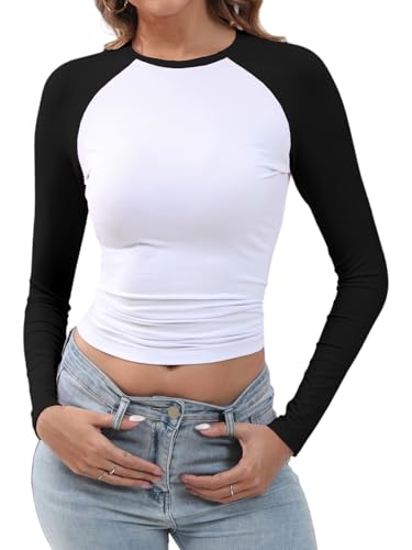 Abardsion Women's Long Sleeve Shirts Y2K Slim Fit Stretchy Slightly Crop Tops (White & Black Sleeve, S)