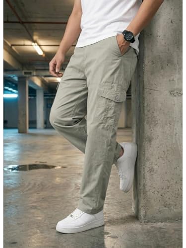 Image of Men's Cargo Trousers-100% Premium Cotton Regular Fit Lightweight Breathable Elastic Waist Multi-Pocket Casual Utility Pants
