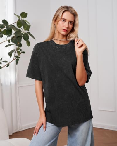 Aiyino Womens Vintage Washed Oversized Cotton T Shirt Black L — view 3