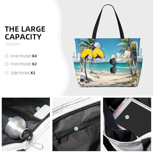 Beach Bag for Women, Waterproof Sandproof Beach Pool Travel Duffel Bags with 7 Pockets, Large Capacity Shoulder Tote Bag for Gym Travel Vacation Essential, Beach Coconut Tree Summer3