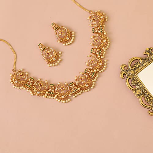 TARINIKA Antique Gold Plated Vaikha Short Necklace Set with Floral Design - Indian Jewelry Sets for Women | Perfect for Ethnic Occasions | Traditional South Indian Necklace | 1 Year Warranty*3