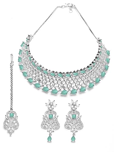 Image of Karatcart Light Green American Diamond Silver Plated Choker Necklace Set for Women