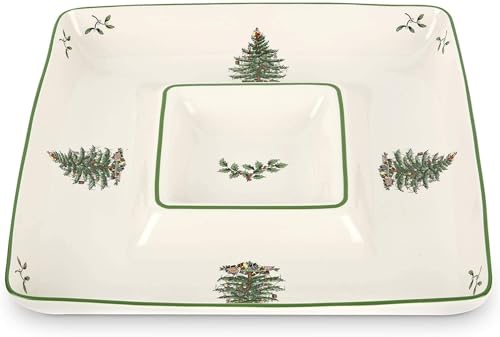 Spode Christmas Tree 12 Inch Square Porcelain Chip & Dip - Porcelain Serving Platter for Cheese, Appetizers, Chips, Salsa - Dishwasher Safe - Ideal for Indoor & Outdoor Holiday Entertaining