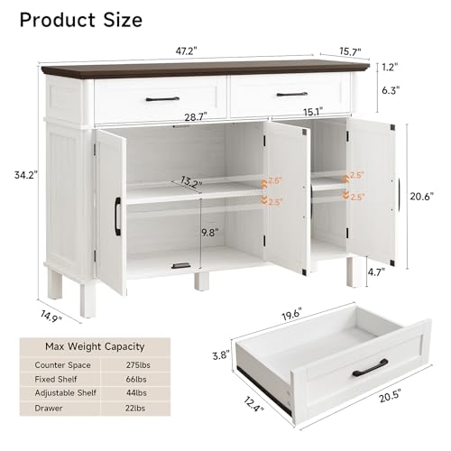 Image of 48 Inches Buffet Cabinet with Storage, Farmhouse Sideboard Buffet w /2 Drawers and 3 Doors, Wood Coffee Bar Cabinet with Adjustable Shelves, Sideboard Storage for Kitchen, Living Room, Off White