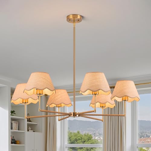 Vloitgol 39" Boho Rattan Chandelier, 6-Lights Rustic Industrial Pendant Light Fixtures with White Woven Shade, Adjustable Height Farmhouse Large Pendant Lighting for Kitchen Dining Living Room, E26