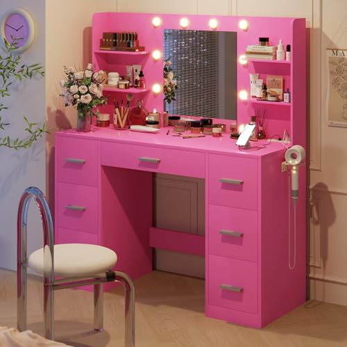 Image of YESHOMY Vanity Desk with Mirror, Power Outlet and 10 Lights, Makeup Table with 7 Drawers, 3 Color Modes Available for Bedroom, Dark Pink