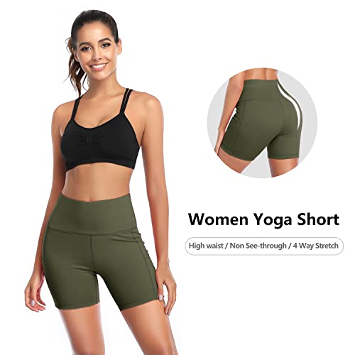 Dayoung Women Yoga Shorts High Waist Tummy Control Workout Biker Running Athletic Compression Short With Pockets Y27-Army Green-M thumb #1