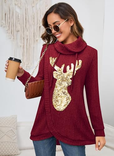 Image of Bulotus Tunic Sweaters for Women 2025 Turtleneck Sweater Pullover Lightweight Warm Tunic Tops for Leggings Loose Fit