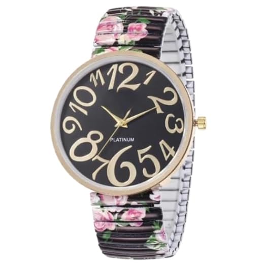 ALCENTIS Nouveauté Montre Femme analogique Gros Chiffres - Moderne et Tendance - Look Bracelet Fleuri Acier Extensible (Bracelet Noir Fleuri - Cadran Noir)