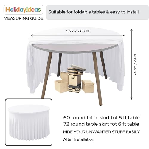Image of HolidayIdeas 6 Pack Spandex Table Skirt for 60 Inch Round Tables, White Fitted Stretch Tablecloth for 5 Ft Wedding Tables, Wrinkle Resistant Ruffle Design for Banquets, Baby Showers, Parties