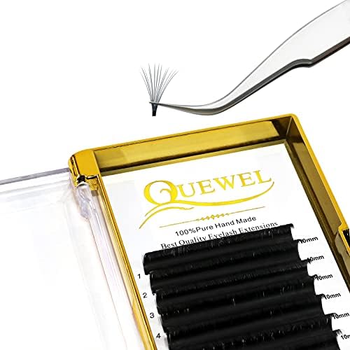 QUEWEL Easy Fan Lash Extensions 0.07mm D Curl Eyelash Extensions 10mm Single Lash Trays Matte Black Ultra Lightweight C CC D DD Curl Volume Lashes Self Fanning Lashes (0.07D 10mm)
