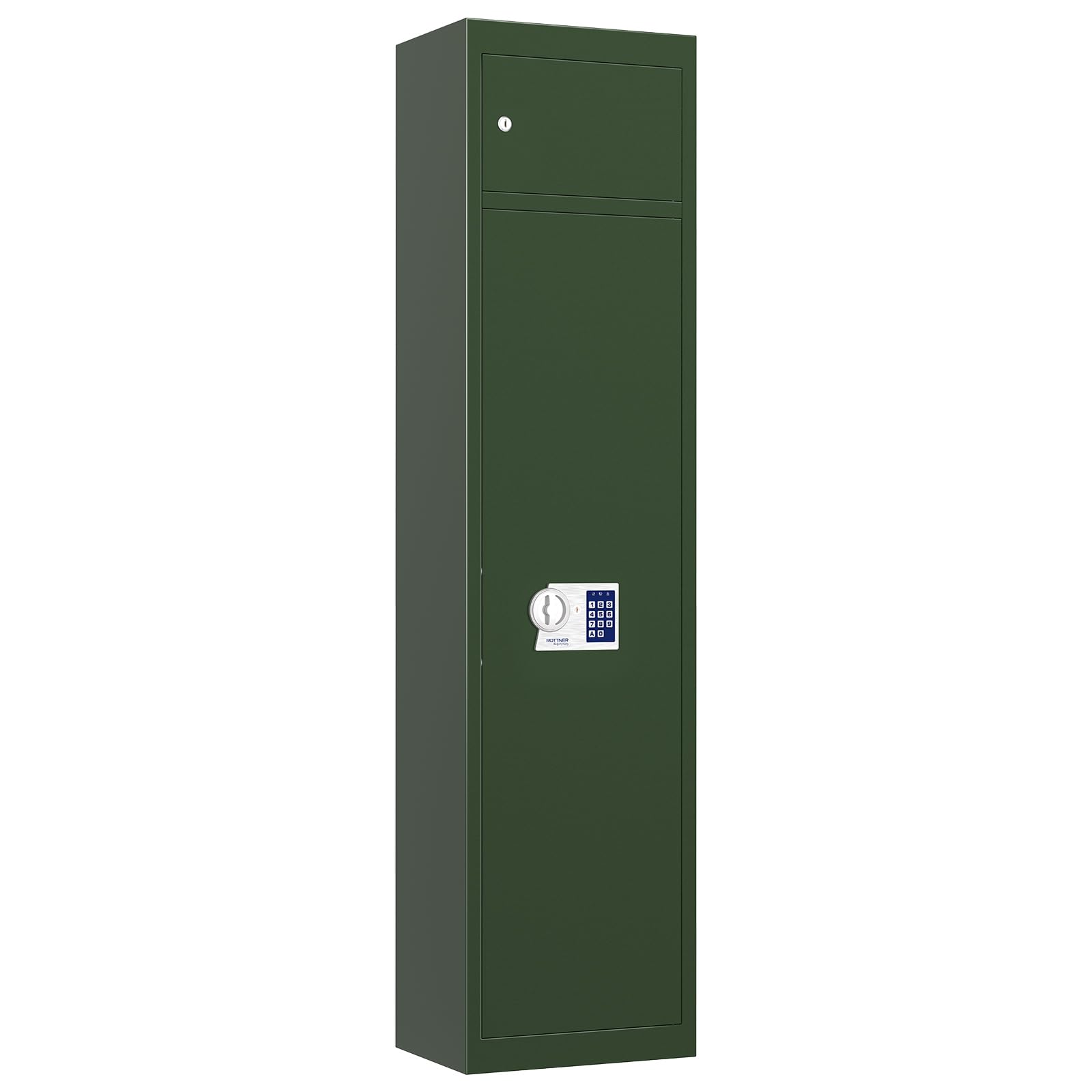 Rottner Munitionsschrank Max Elektronikschloss Grün, BxH 37 x 150 cm, Stahl, Elektronikschloss mechanischer Notöffnung, für 5 Langwaffen, Innentresor, Putzstockhalterung, inkl. Befestigungsmaterial