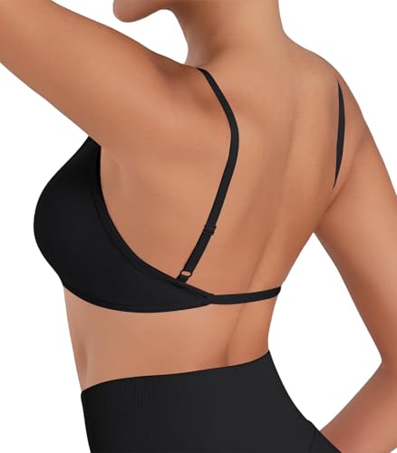 Sunzel Women's Open Back Sports Bra Adjustable Spaghetti Strap Seamless Low Impact Workout Gym Yoga Bra with Removable Pads2