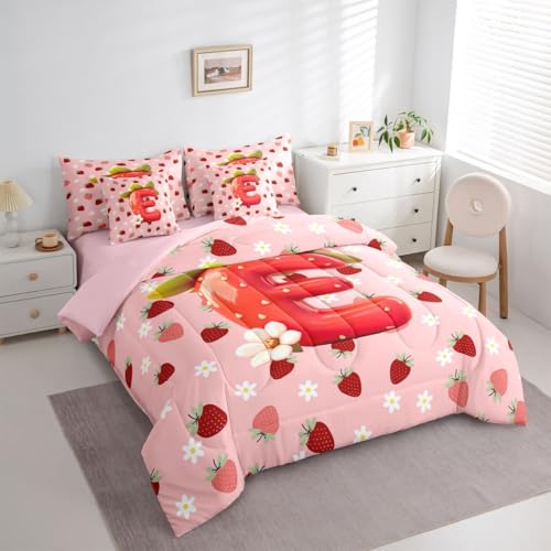 Image of Feelyou Girls Pink Red Strawberry Comforter Set with Sheets 7 Piece Full Size Initial Letter E Bedding Set for Kids Boys Girls Princess Strawberry Bed in a Bag Room Decor Soft Lightweight Microfiber