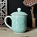 Handmade Celadon Coffee Mug Tea cup with Lid 13.5oz Porcelain Milk Cup Embossed with Goldfish Ceramic Microwave and Dishwasher Safe (Blue)