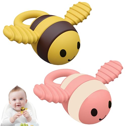 Image of Maklavel Baby Silicone Teether, Cute Bee Shape BPA-Free Silicone Chew Toys for 18 Months Boys & Girls, Yellow & Pink