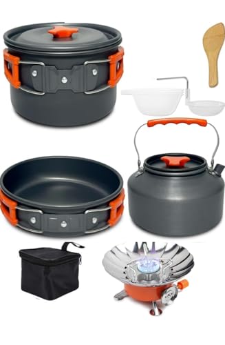 DPCR Camping Cookware Mess Kit with Stove, Lightweight Hiking Cookware Set with Mesh Bag, Nonstick Aluminum Cooking Kit,Outdoor Pot Pan Kettle Backpacking Mess Kit with Bowls (3-4 Person)