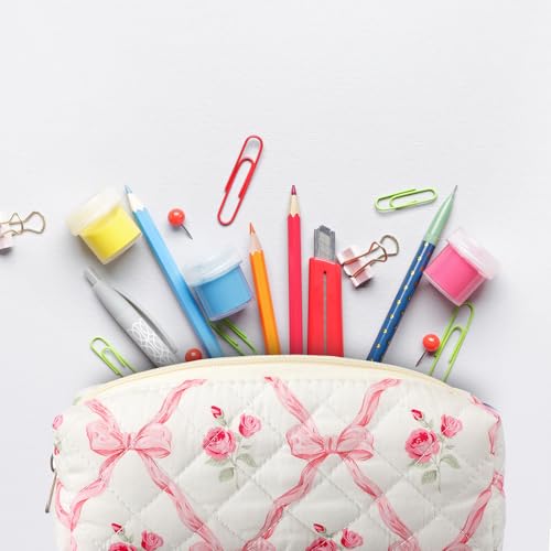 Image of Sherr Coquette Pink Bow Pencil Case Pink Floral Bow Cute Pencil Pouch Soft Cotton Storage Bag Aesthetic Pattern Gift Makeup Pouch Cosmetic Bag for Women Adults