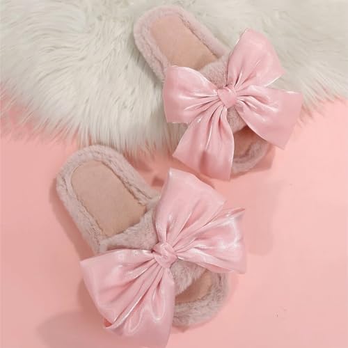 Women Bow Plush Fuzzy Slippers Open Toe Warm Bride Wedding Home Bedroom Slippers Winter Slip-On House Shoes for Indoor Outdoor Comfortable Non-Slip Bowknot Fashion Flat Cotton Slipper4