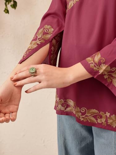 Image of QAZMI Women's Aari Embroidered Viscose Rayon V-Neck Full Sleeves Short Kurti