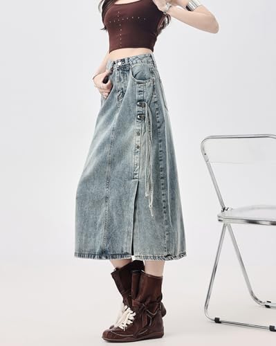 Womens Side Slit Denim Skirt High Waist Straight Tassel Irregular Vintage A-Line Denim Skirts with Pockets2