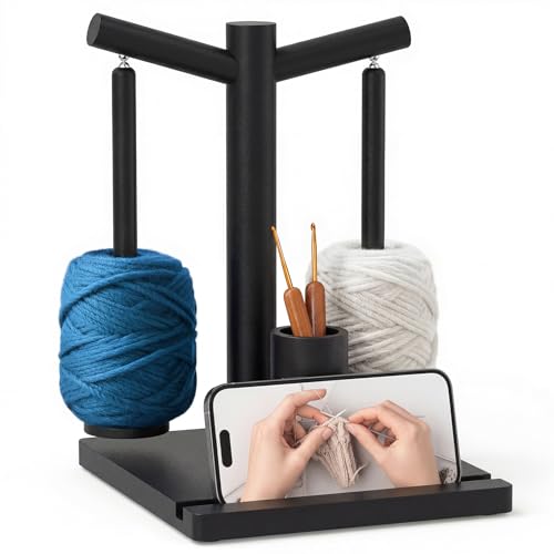 Image of HangerSpace Wooden Yarn Holder for Crocheting and Knitting, Upgraded Magnetic Rotating Yarn Spinner with 2 Spindles, Perfect for Crocheting and Knitting Lovers