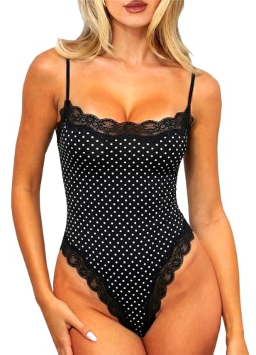 Image of Navneet Women Black Bodysuit Lace Bodysuit Sexy Going Out Tops Night Out Clubbing Outfits Coquette Clothes Polka Dot S