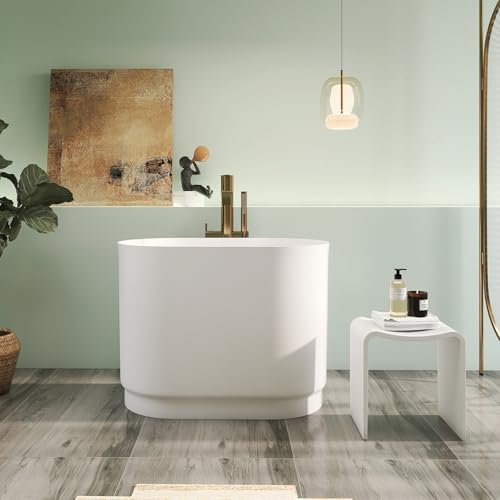 Higeine 39' Premium Solid Surface Freestanding Bathtub, Upgraded Japanese Soaking Stone Bathtubs with Overflow and Pop-up Drain, Matte White