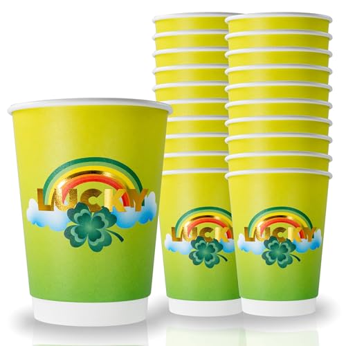 Cheerland St. Patrick's Day Disposable Paper Cups Shamrock Clover Rainbow Tableware for Green Party kids Birthday St Paddy's Day Celebrations Irish Party St Patty Decorations Supplies - Pack of 20
