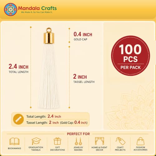 Image of Mandala Crafts Small Gold Tone Cap Cream Silky Bookmark Tassels with Loops | 100 PC, Machine Washable, Polyester, Mini, for Crafts Jewelry Making Graduation Decorations Keychains Gift Tags & Ornaments